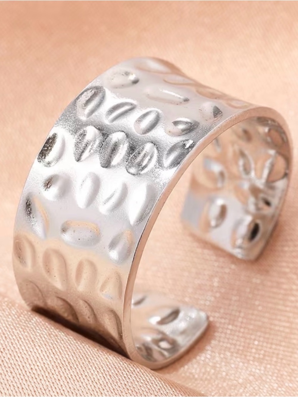 Hammered Open Cuff Ring in Shiny Silver